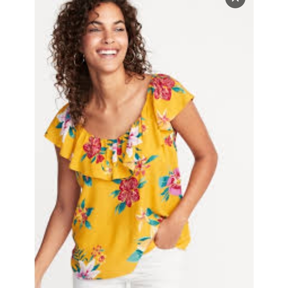 Old Navy▪️Yellow Sleeveless Ruffle Trim Floral Tropical Summer Blouse Top